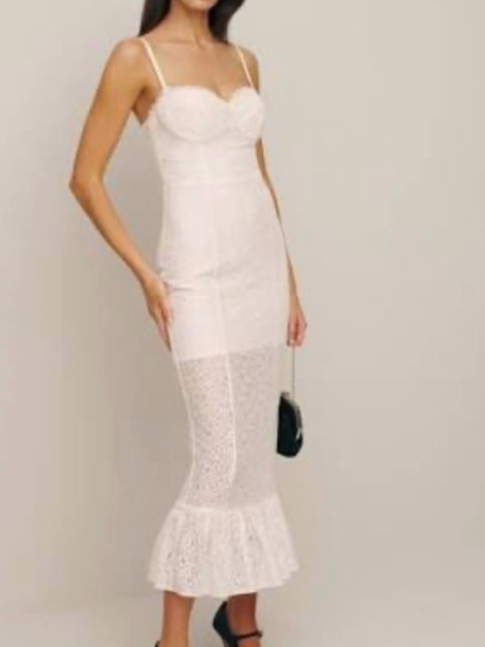 Reformation Cream Lace Bustier Midi Dress with Ruffle Hem